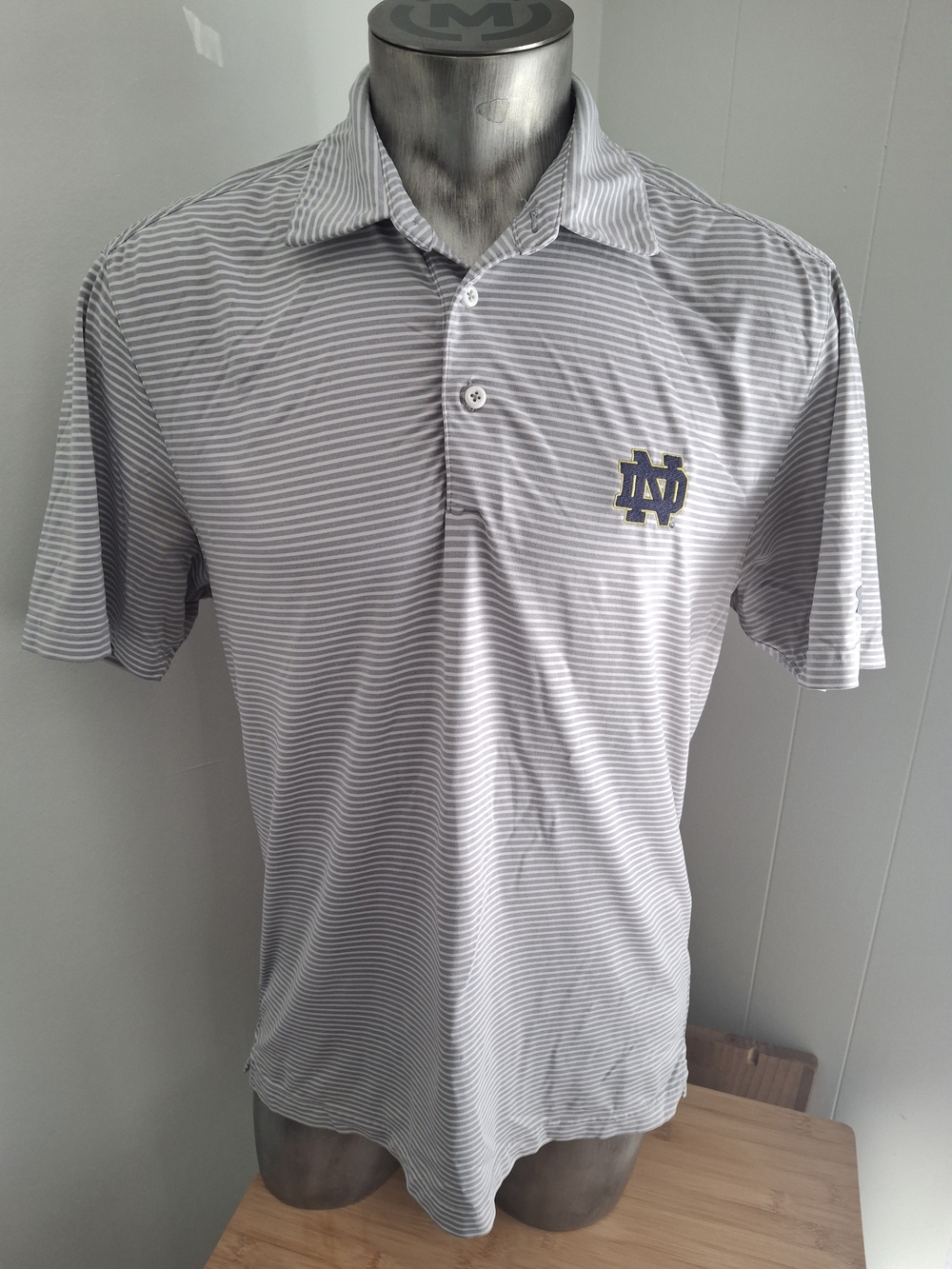 Under Armour Gray and White Striped Men’s Polo with ND Logo